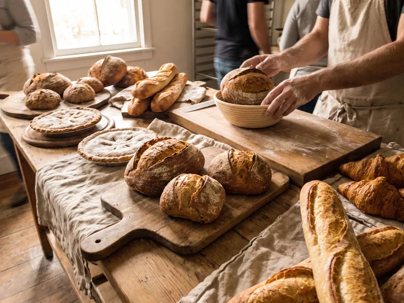 Loaves and baguettes on a farm bakery table with the baker behind