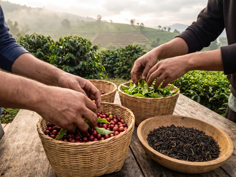 Hands sorting red coffee cherries and dried tea leaves in baskets, hillside rows behind