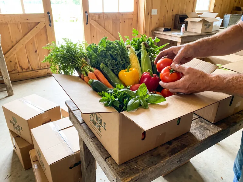 A box being packed with peppers, greens and tomatoes at a CSA farm