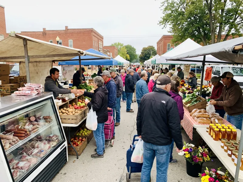 Shoppers walking between stalls at an open-air farmers market