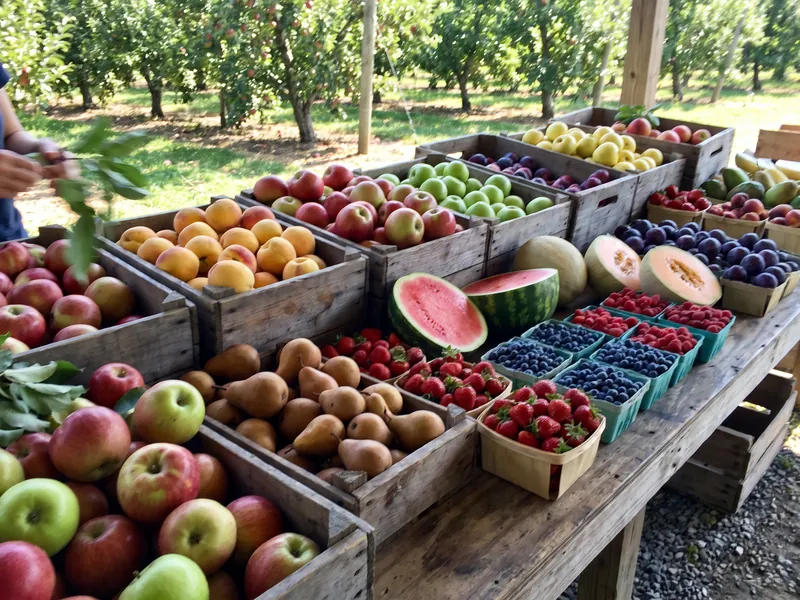 Crates of apples, melons, plums and berries at a fruit stand in an orchard