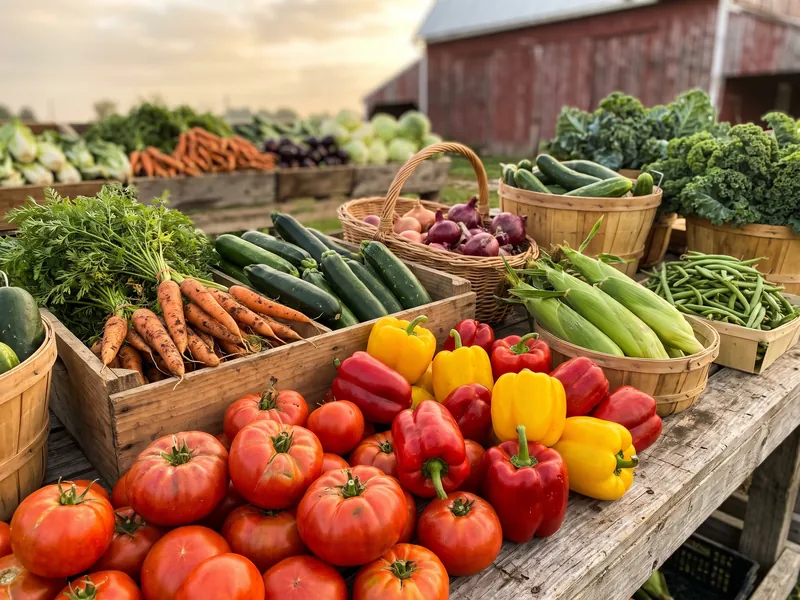 Crates of tomatoes, peppers, carrots and greens at a farm stand with a red barn behind