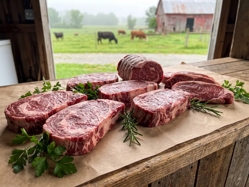 Steaks on a butcher block in a barn doorway, cattle on pasture beyond
