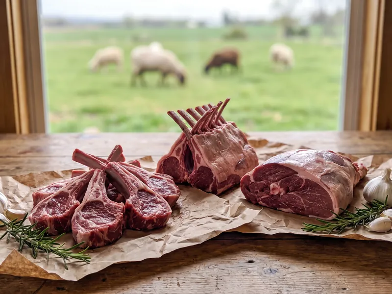 Racks of lamb on butcher paper with sheep grazing in the field beyond