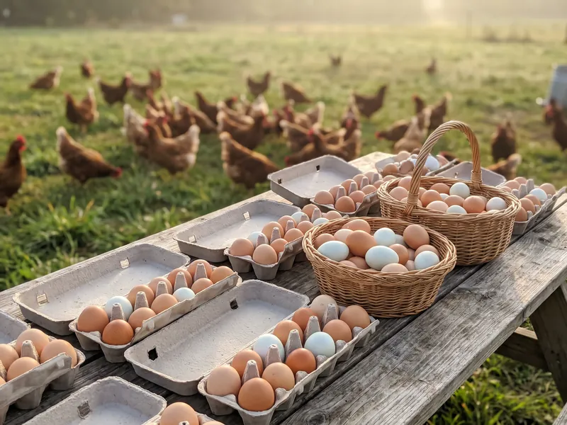 Cartons and baskets of brown, white and blue eggs on a table with hens on the grass behind