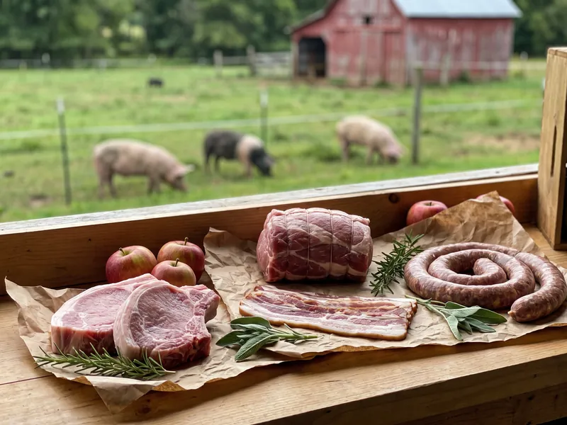 Cuts of pork and sausage on a table with pigs on pasture beyond
