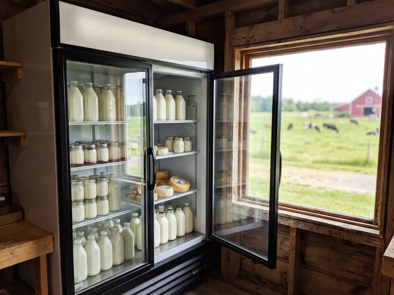 Bottles of milk and rounds of cheese in a farm shop fridge, pasture through the window