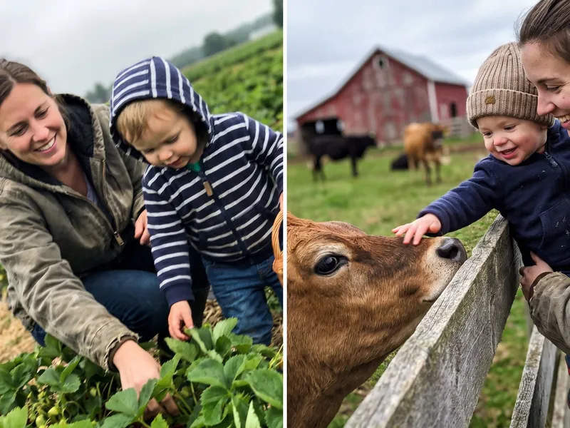 A family picking strawberries, and a child meeting a calf at a farm open to visitors