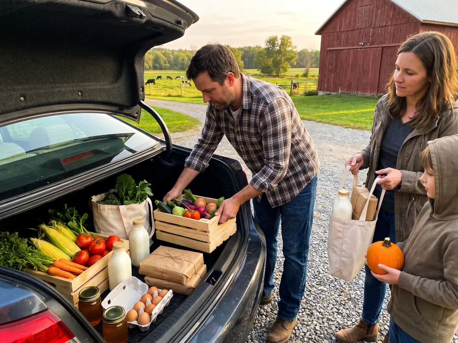 A family loading crates of vegetables, milk and eggs into the back of a car at a farm, a red barn behind them