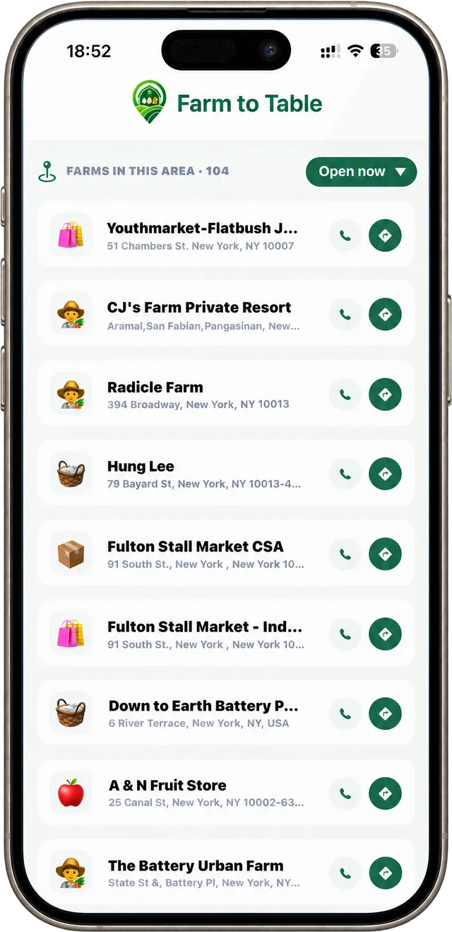 The Farm to Table app listing the farms and markets in the area, nearest first, each with call and directions buttons