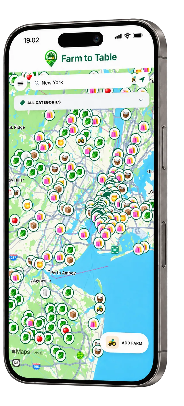 The Farm to Table app open on a map of the New York area, each farm and market marked by what it sells
