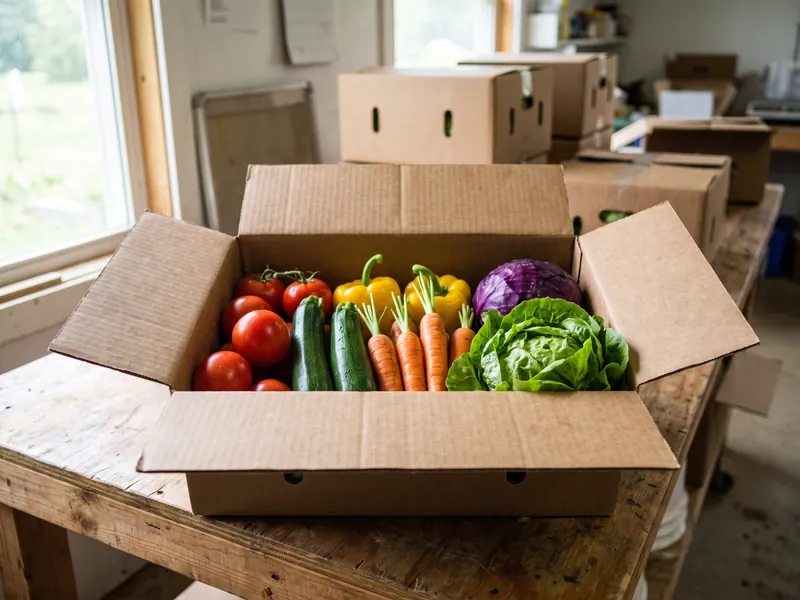 A CSA box being packed with a week of vegetables on a farm packing table