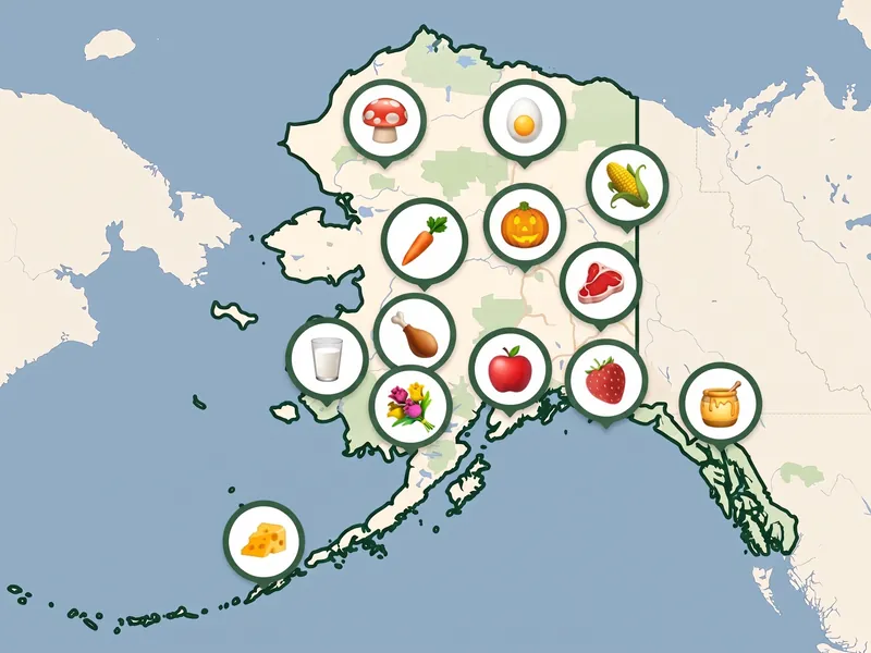 A map of Alaska with a pin for each kind of produce its farms, stands and markets sell