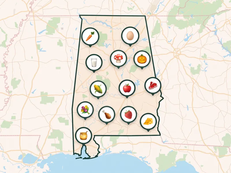 A map of Alabama with a pin for each kind of produce its farms, stands and markets sell
