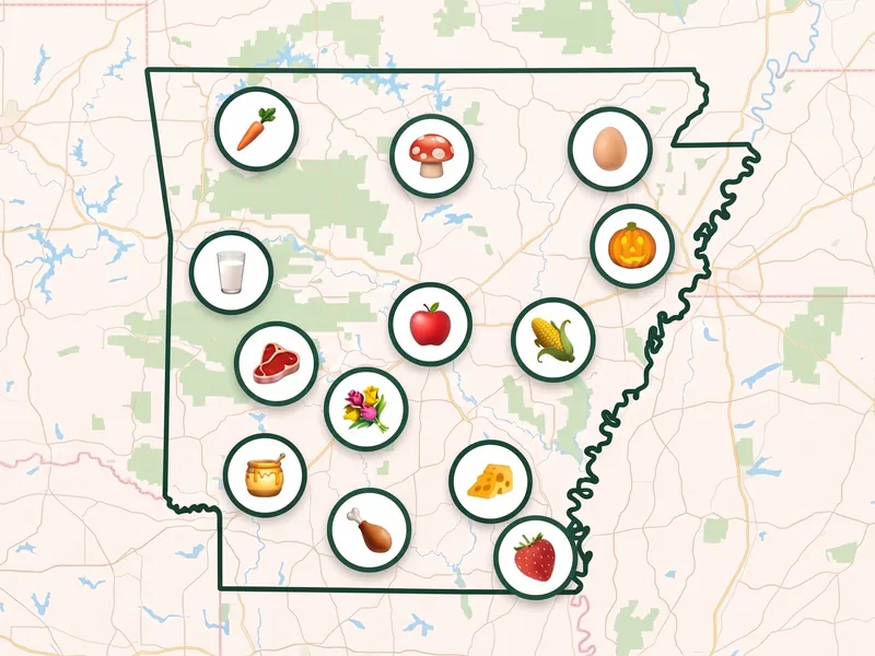 A map of Arkansas with a pin for each kind of produce its farms, stands and markets sell