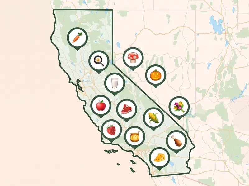 A map of California with a pin for each kind of produce its farms, stands and markets sell