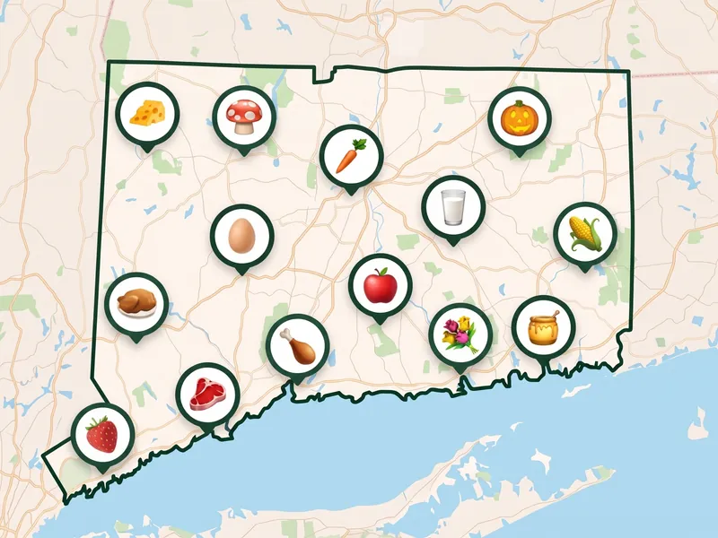 A map of Connecticut with a pin for each kind of produce its farms, stands and markets sell