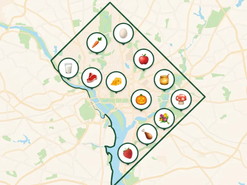 A map of District of Columbia with a pin for each kind of produce its farms, stands and markets sell
