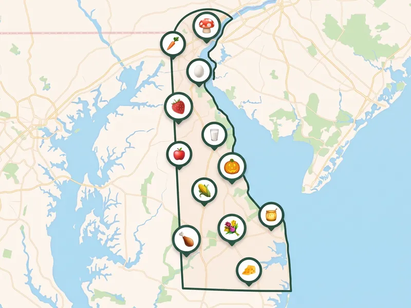A map of Delaware with a pin for each kind of produce its farms, stands and markets sell