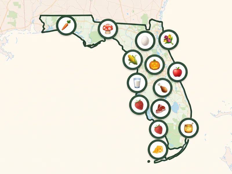 A map of Florida with a pin for each kind of produce its farms, stands and markets sell