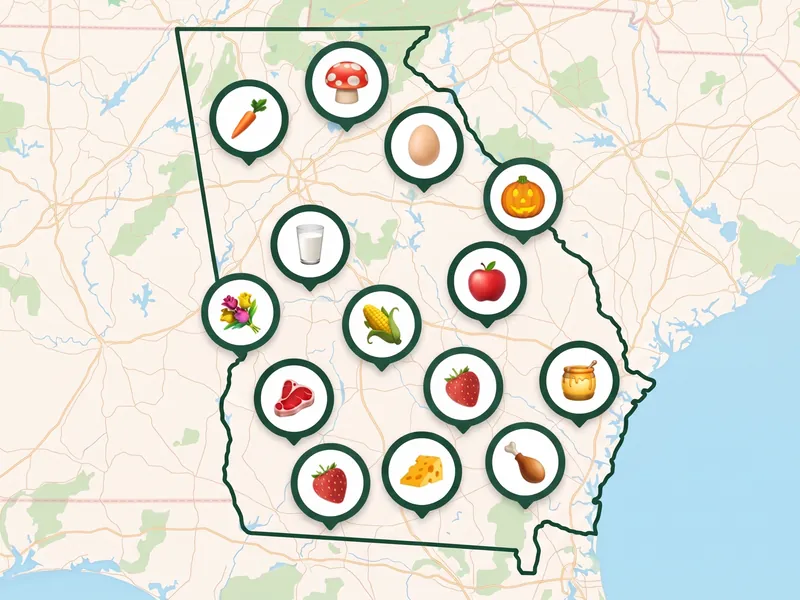 A map of Georgia with a pin for each kind of produce its farms, stands and markets sell
