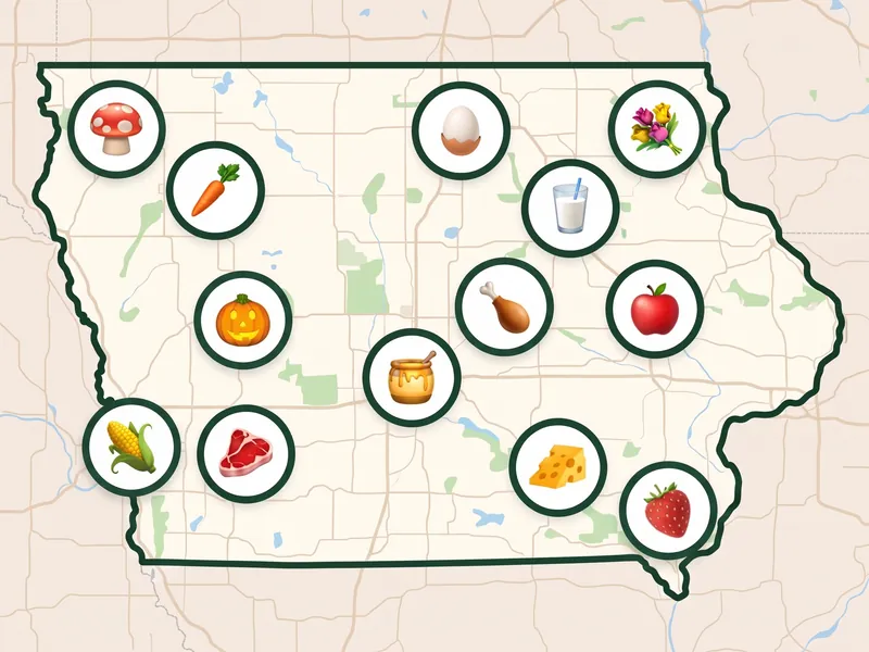 A map of Iowa with a pin for each kind of produce its farms, stands and markets sell