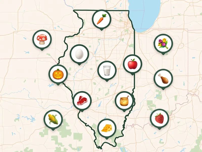 A map of Illinois with a pin for each kind of produce its farms, stands and markets sell
