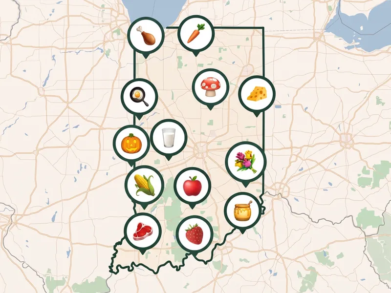 A map of Indiana with a pin for each kind of produce its farms, stands and markets sell