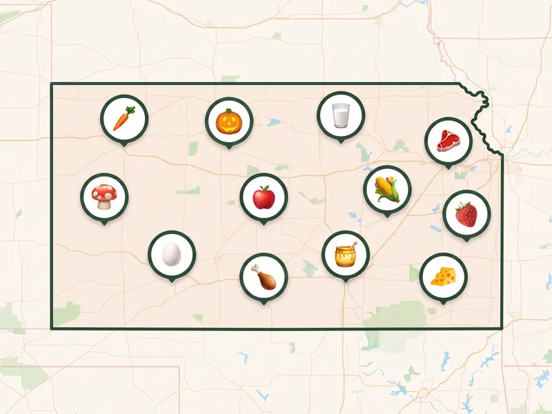 A map of Kansas with a pin for each kind of produce its farms, stands and markets sell