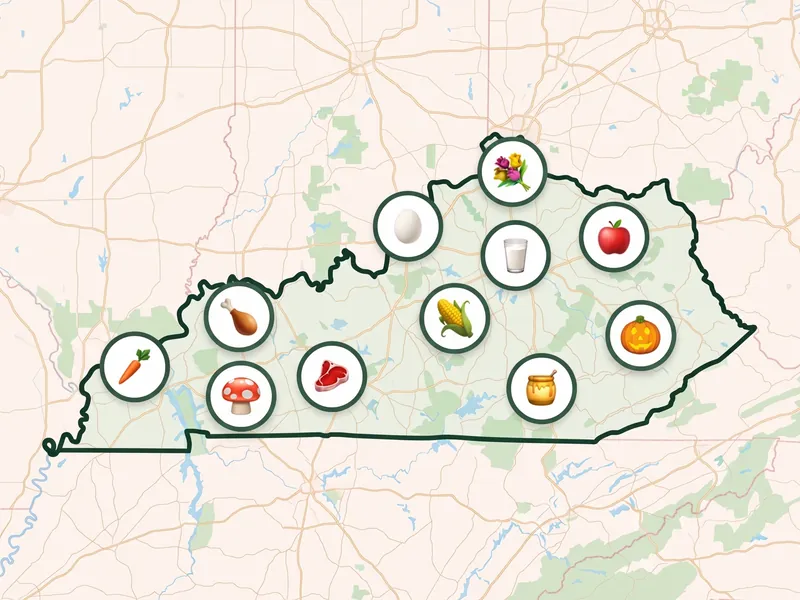 A map of Kentucky with a pin for each kind of produce its farms, stands and markets sell