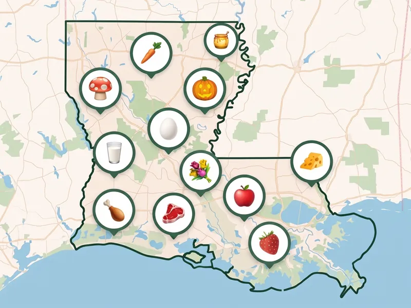 A map of Louisiana with a pin for each kind of produce its farms, stands and markets sell