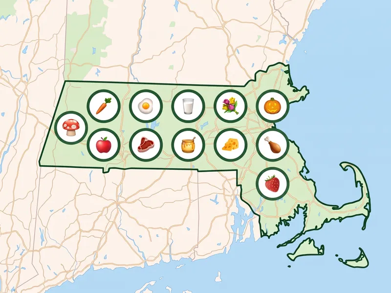A map of Massachusetts with a pin for each kind of produce its farms, stands and markets sell