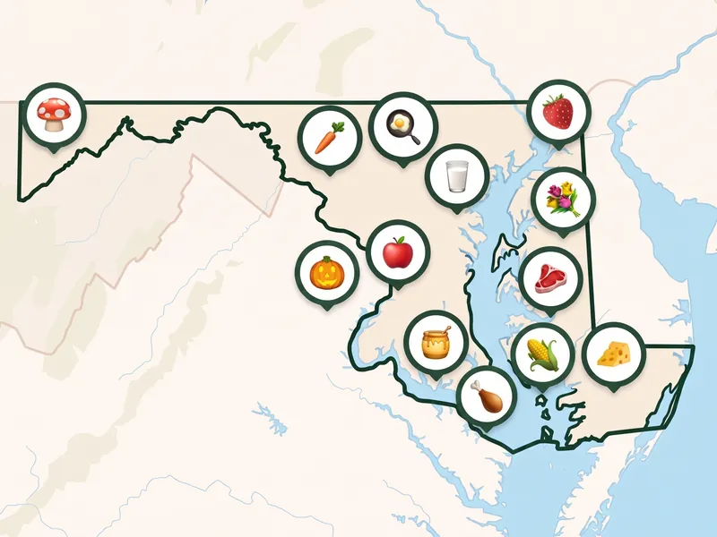 A map of Maryland with a pin for each kind of produce its farms, stands and markets sell