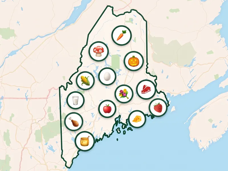 A map of Maine with a pin for each kind of produce its farms, stands and markets sell