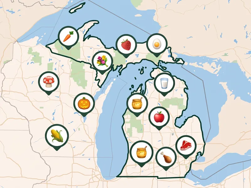 A map of Michigan with a pin for each kind of produce its farms, stands and markets sell