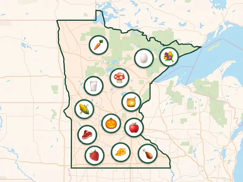 A map of Minnesota with a pin for each kind of produce its farms, stands and markets sell