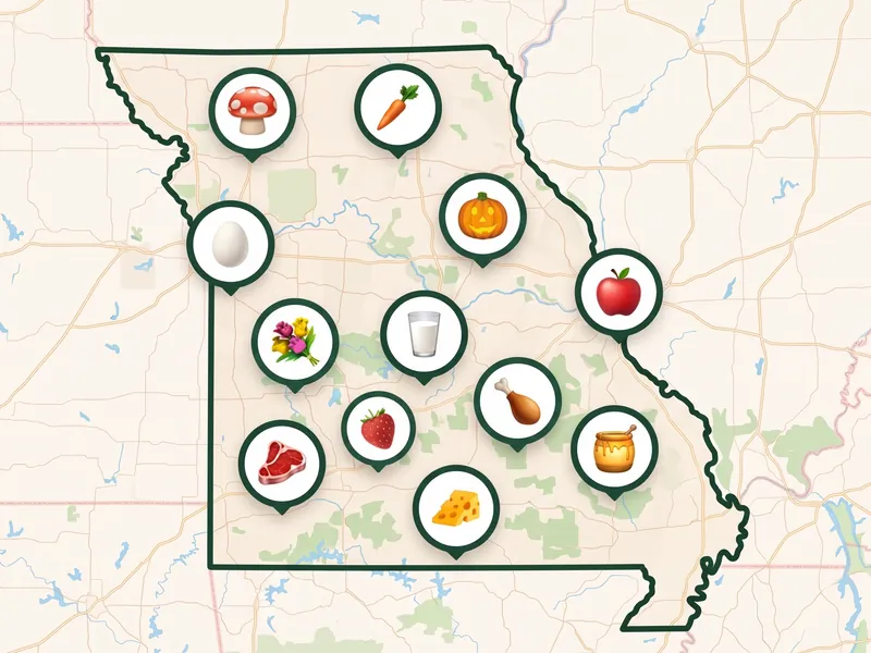 A map of Missouri with a pin for each kind of produce its farms, stands and markets sell