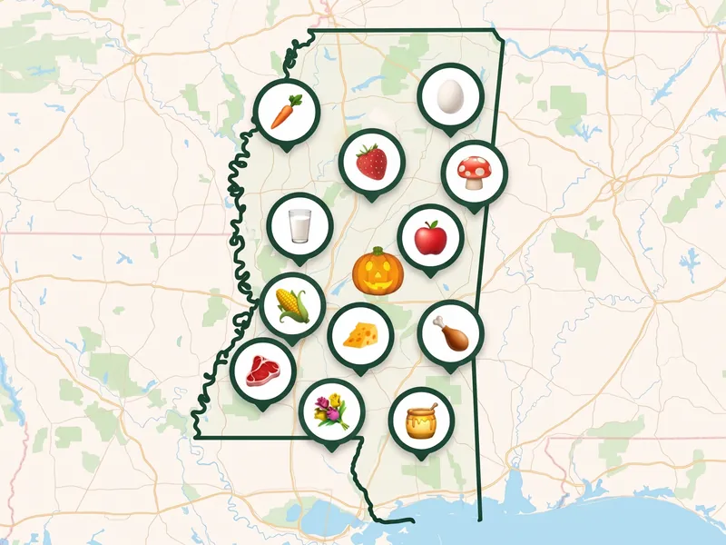 A map of Mississippi with a pin for each kind of produce its farms, stands and markets sell