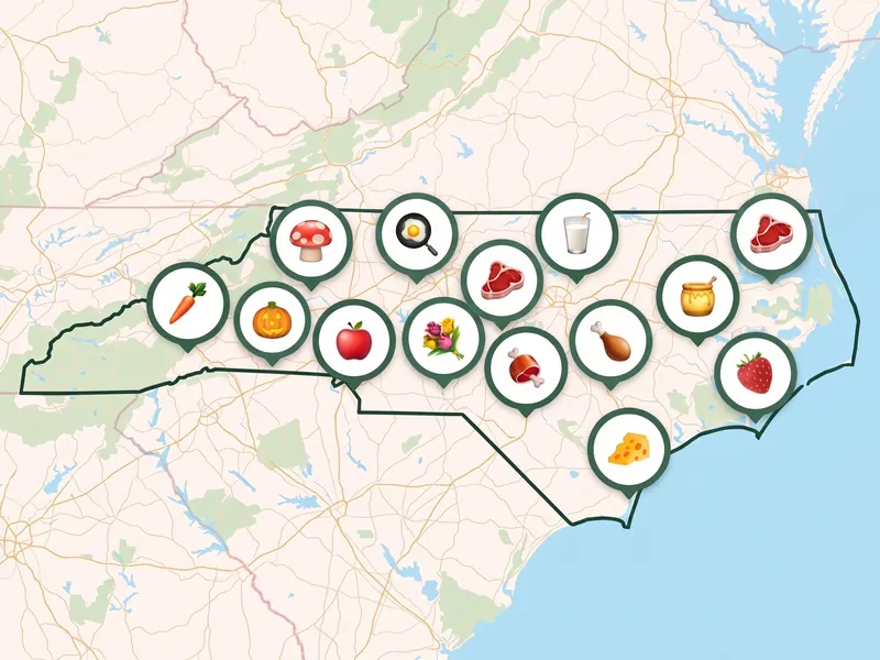 A map of North Carolina with a pin for each kind of produce its farms, stands and markets sell