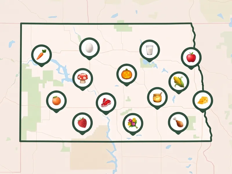 A map of North Dakota with a pin for each kind of produce its farms, stands and markets sell