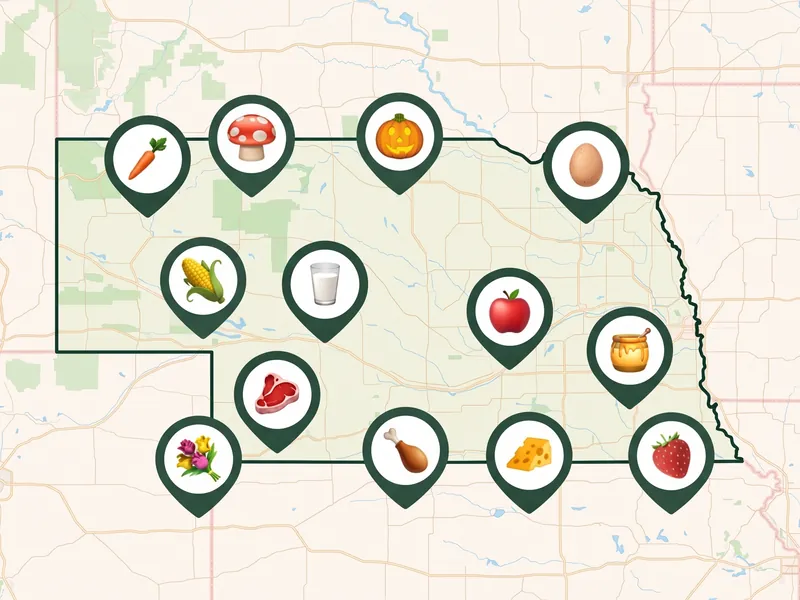 A map of Nebraska with a pin for each kind of produce its farms, stands and markets sell