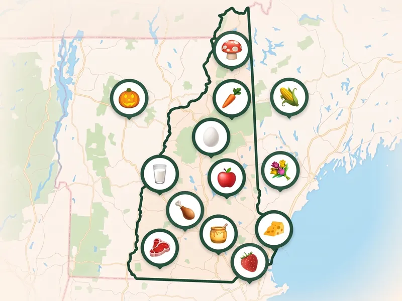 A map of New Hampshire with a pin for each kind of produce its farms, stands and markets sell
