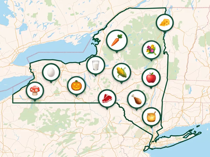 A map of New York with a pin for each kind of produce its farms, stands and markets sell