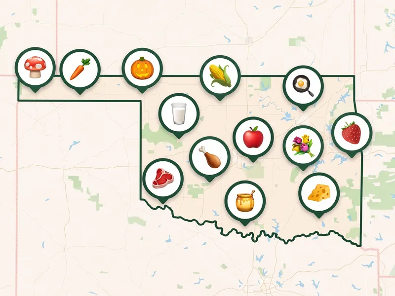 A map of Oklahoma with a pin for each kind of produce its farms, stands and markets sell