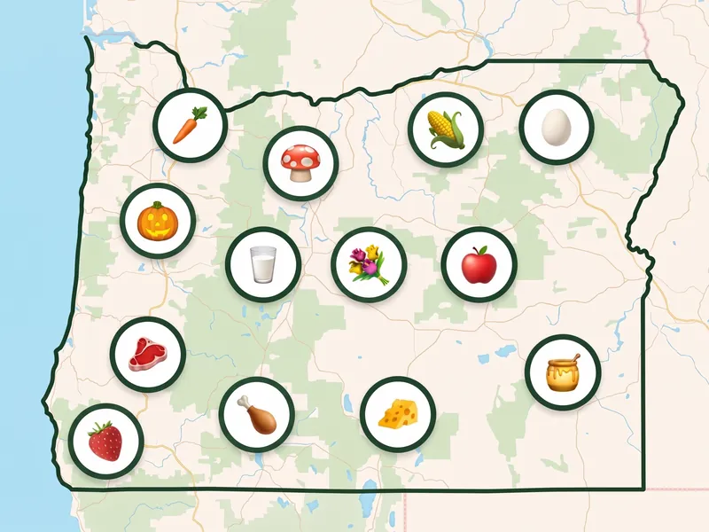 A map of Oregon with a pin for each kind of produce its farms, stands and markets sell