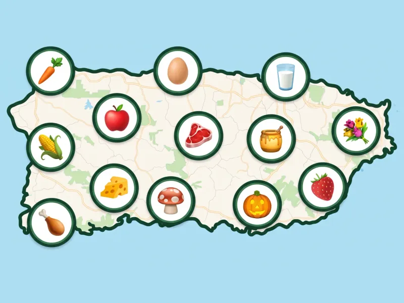 A map of Puerto Rico with a pin for each kind of produce its farms, stands and markets sell