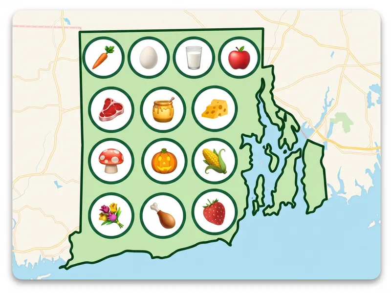 A map of Rhode Island with a pin for each kind of produce its farms, stands and markets sell