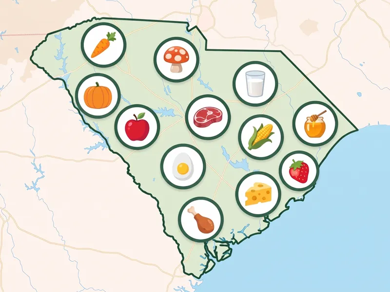 A map of South Carolina with a pin for each kind of produce its farms, stands and markets sell
