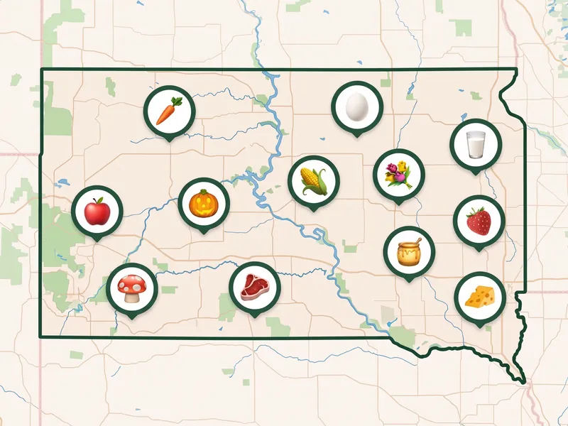 A map of South Dakota with a pin for each kind of produce its farms, stands and markets sell