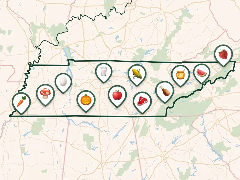 A map of Tennessee with a pin for each kind of produce its farms, stands and markets sell